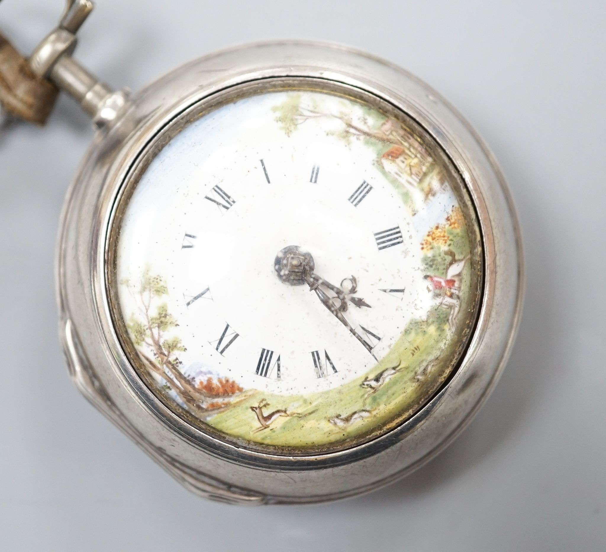 A George III silver pair cased keywind verge pocket watch, by John Wontner, London, with enamelled dial, overall case diameter 53mm, the dial border decorated with deer hunting scene.